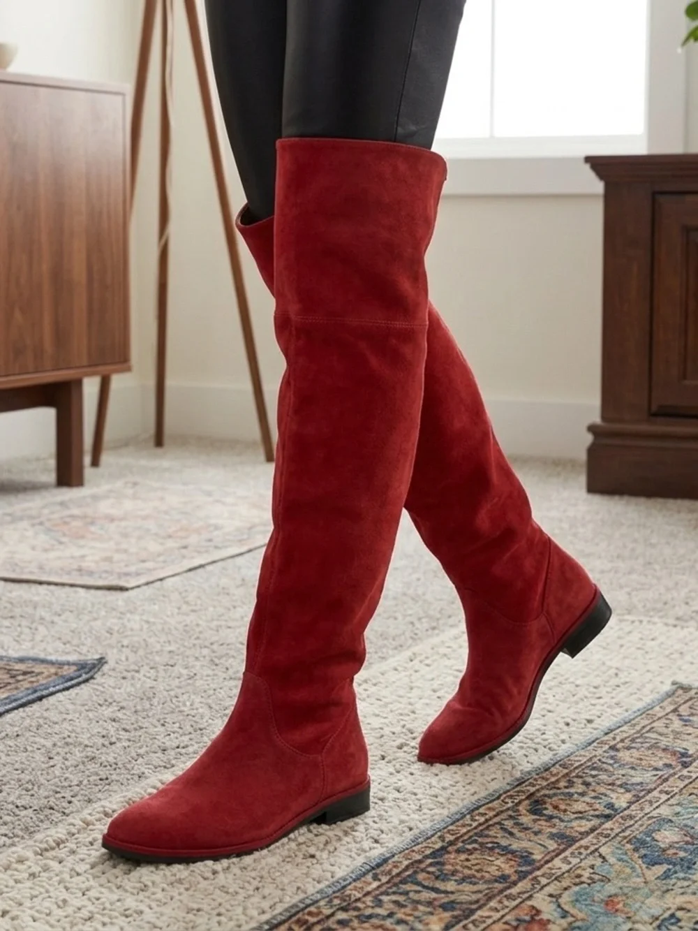 Stuart Weitzman Red Knee High Flat Suede Boots Tall Slouchy Women’s US 6.5 M